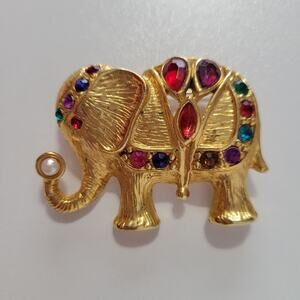 Vintage Elephant Gold Tone Brooch w Multicolor Stones Faux Pearl Mogul Statement